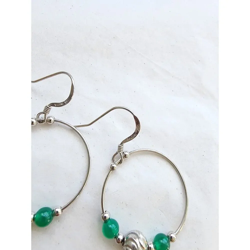 Solid 925 Sterling Silver Fine‎ Jewelry Round Hoop Earrings green Aventurine new